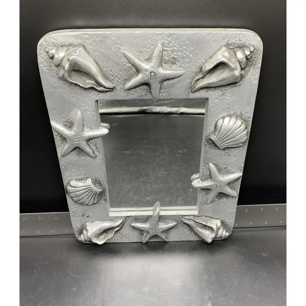 Metal Pewter Wall Mirror Marine Ocean Scallop Sea Shell Star Fish Design 10x13”